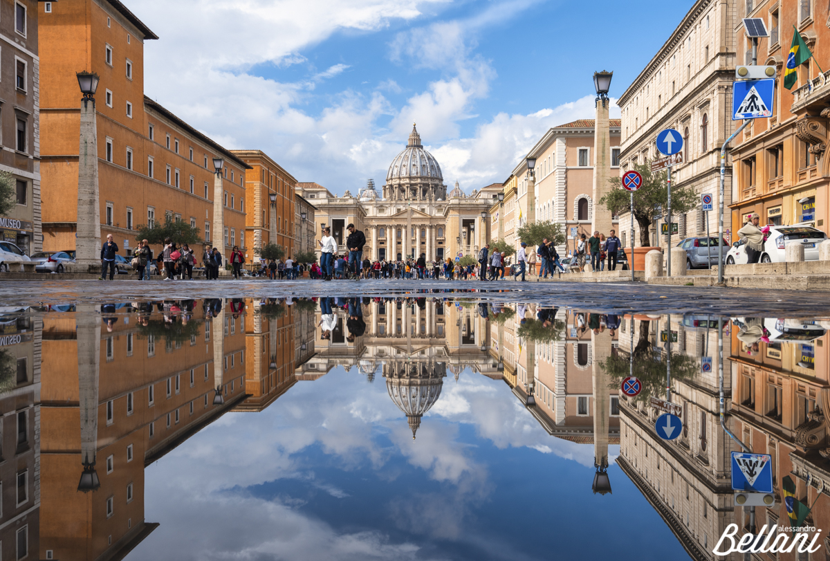 Chapel of San Pietro in Rome reflected in a puddle ROME